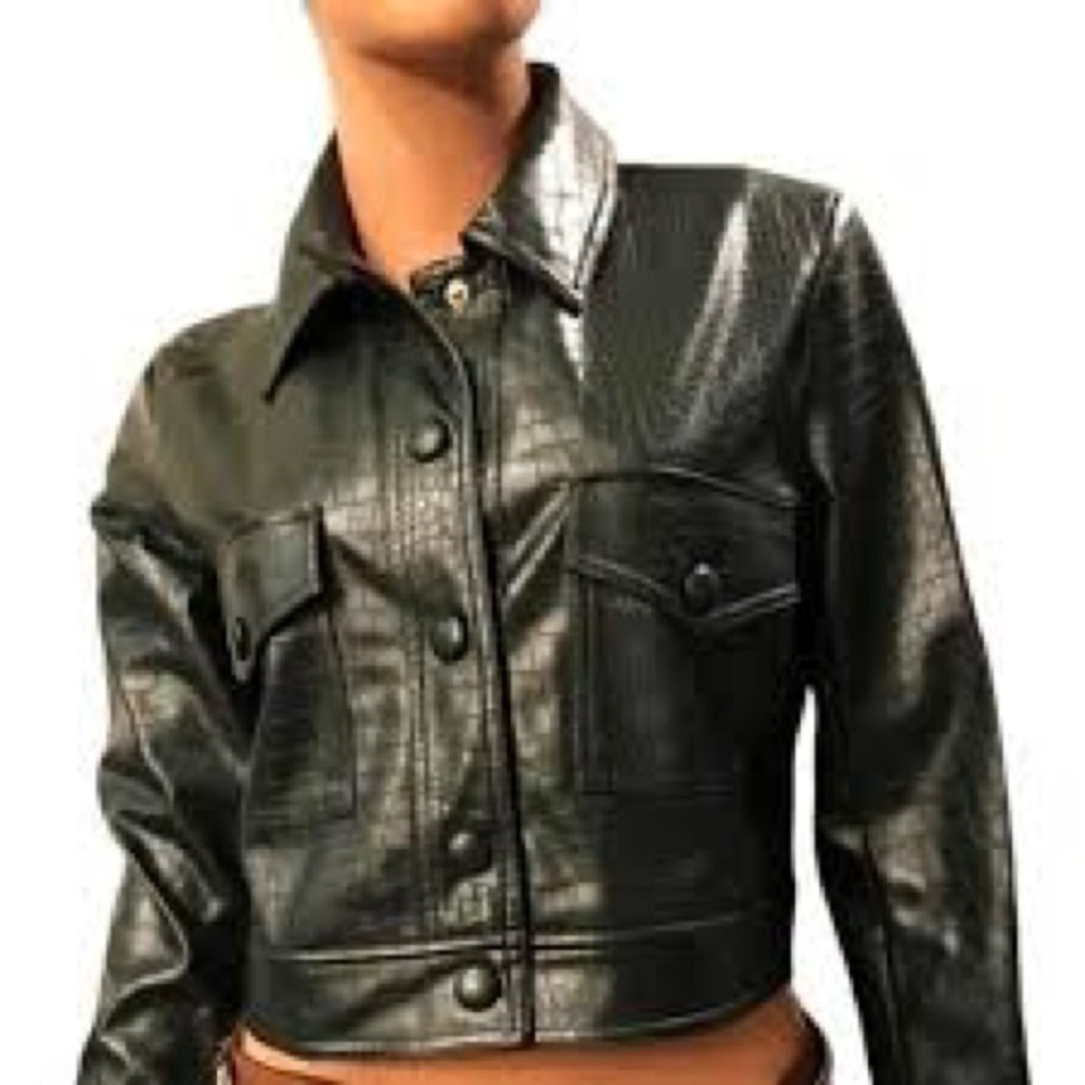 House of Harlow 1960 NEW Dark Green Croc Faux Leather Cropped Jacket XS